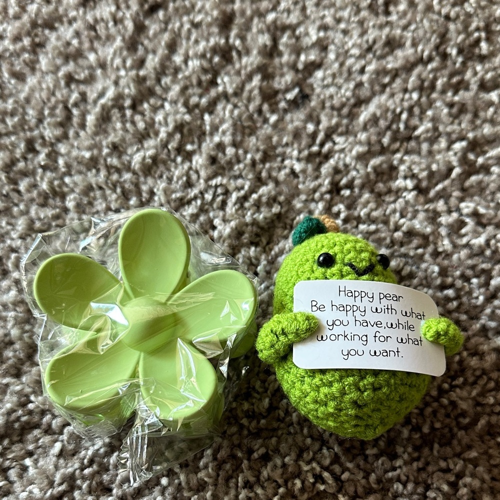 Cute Green Crochet Pear with Flower Clip